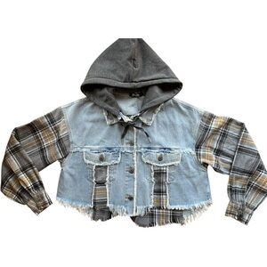 Miss Me - Distressed Flannel Patchwork - Crop Denim Jacket - Removable Hood – SM